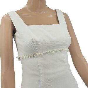 Vintage Ivory Dress With Pom Pom Trim & Bow Detail Sleeveless Empire Waist Squar